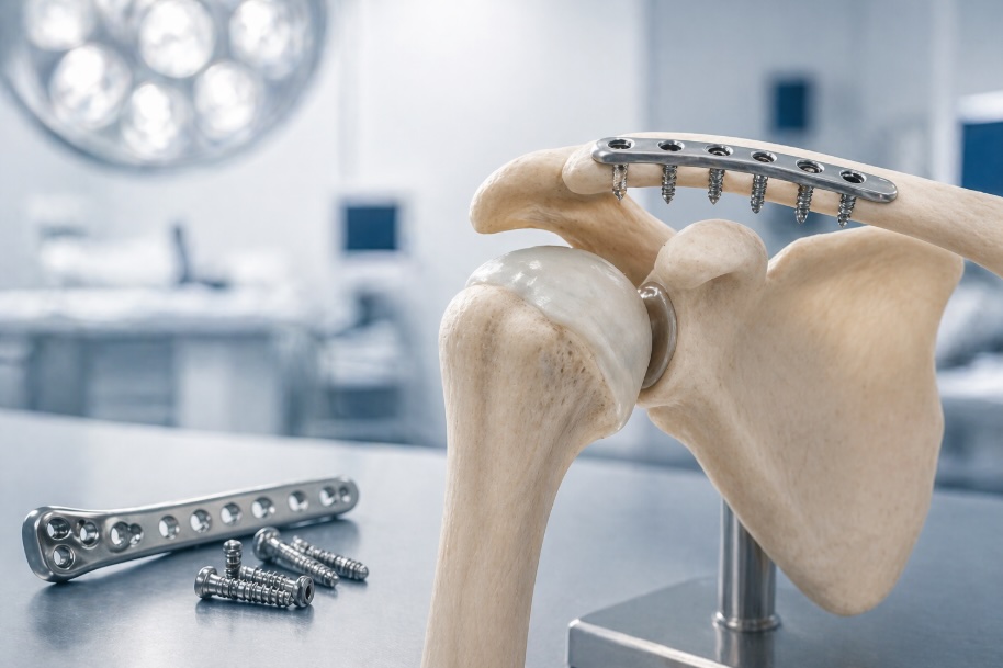 A photorealistic medical illustration of orthopedic hardware, including a metal plate and screws, placed beside a detailed anatomical model of a human shoulder joint and collarbone. The scene is set in a clean, softly lit clinical environment with muted white, gray, and blue tones, conveying a calm and professional atmosphere.