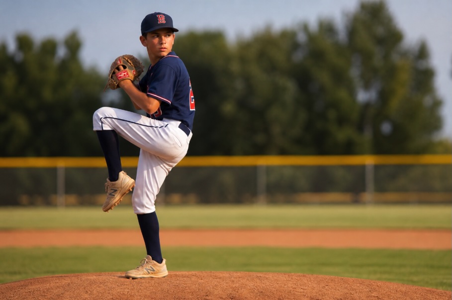 A young male baseball pitcher stands on the mound mid-windup, lifting his leg as he prepares to throw. He wears a navy uniform with red accents and a cap, focused on his target. The scene is captured in warm afternoon sunlight with a softly blurred background of a baseball field and trees.