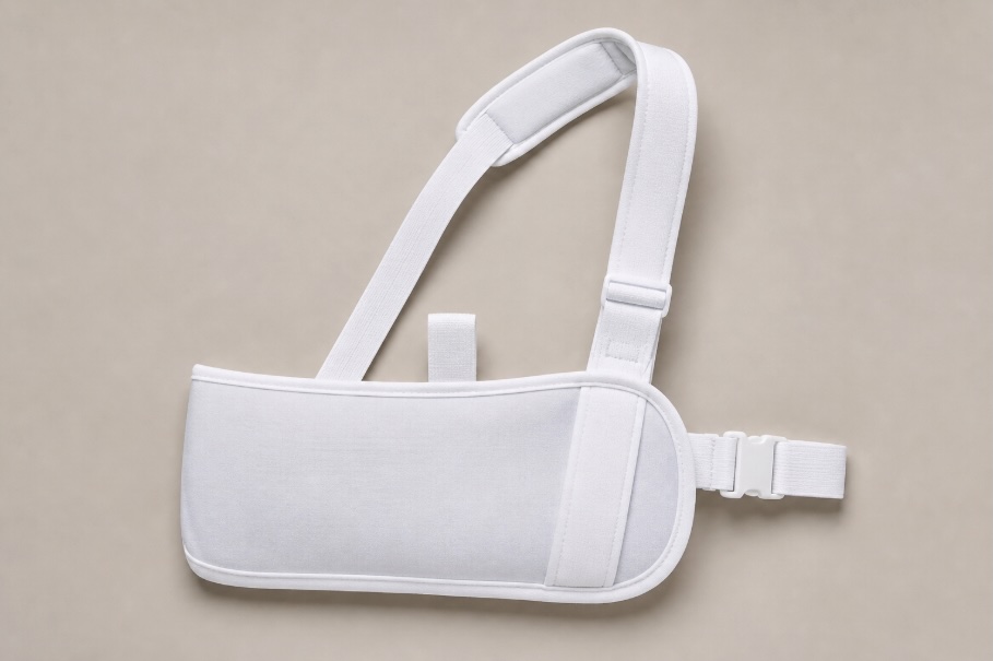 Close-up of a white orthopedic shoulder abduction sling laid flat on a neutral background, showing its padded support, adjustable straps, and buckle. The product is evenly lit with soft studio lighting, highlighting clean lines and minimal design, with no people or text present.