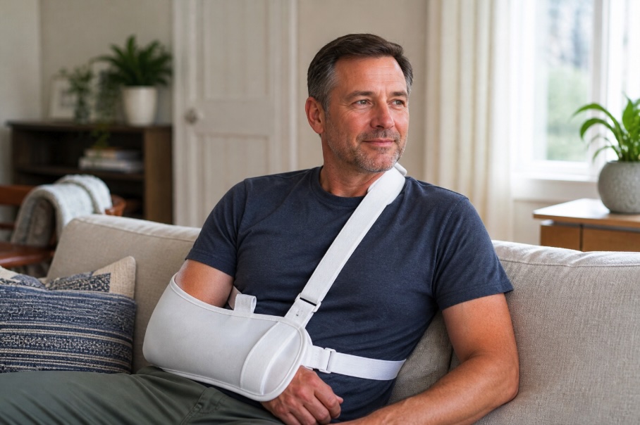 Middle-aged man sitting on a couch in a bright living room, wearing a white orthopedic sling supporting his right arm. He looks relaxed and slightly smiling, with natural sunlight coming through a nearby window and soft home decor in the background.
