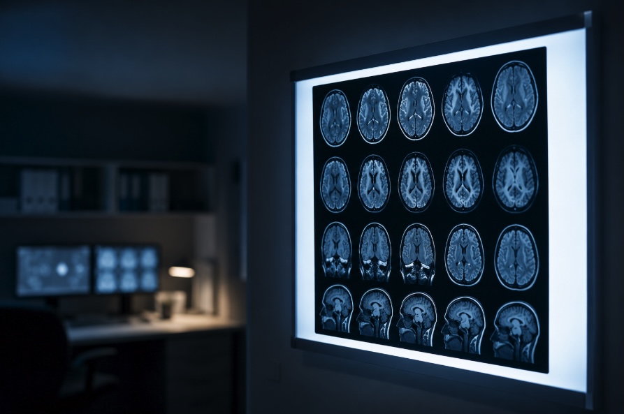 MRI scan displayed on a light board, illustrating the limitations of MRI in detecting early shoulder arthritis