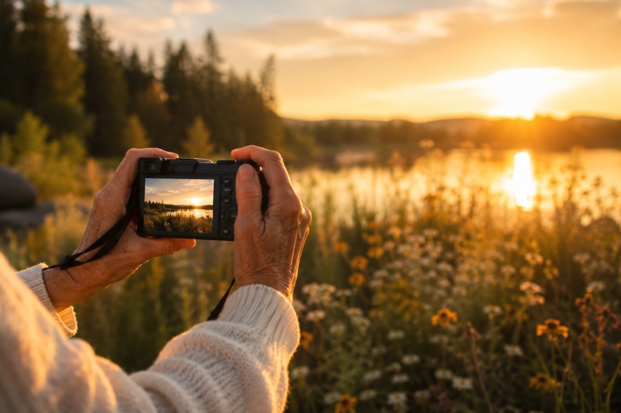 Close-up of hands holding a camera while photographing nature, symbolizing the personal stories and passions that patients carry beyond their injuries