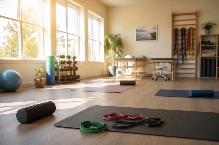 Bright physical therapy studio with exercise equipment, representing group therapy approaches for frozen shoulder treatment in Western New York