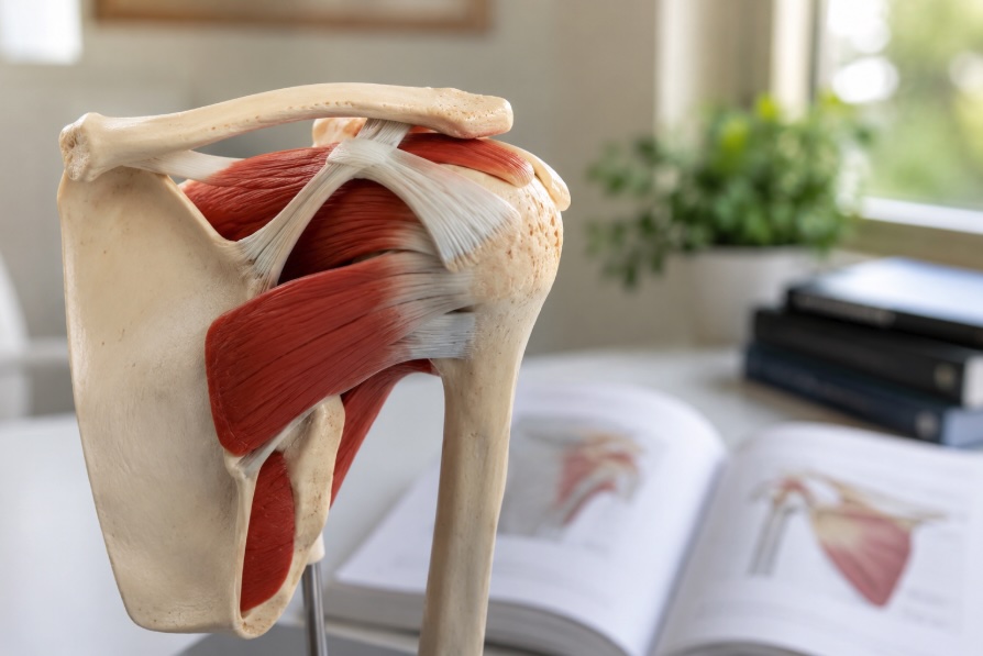 Shoulder anatomy model on a desk representing rotator cuff tear repair research and surgical outcomes