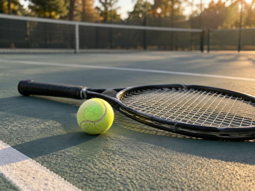 Tennis racket and ball on an outdoor court